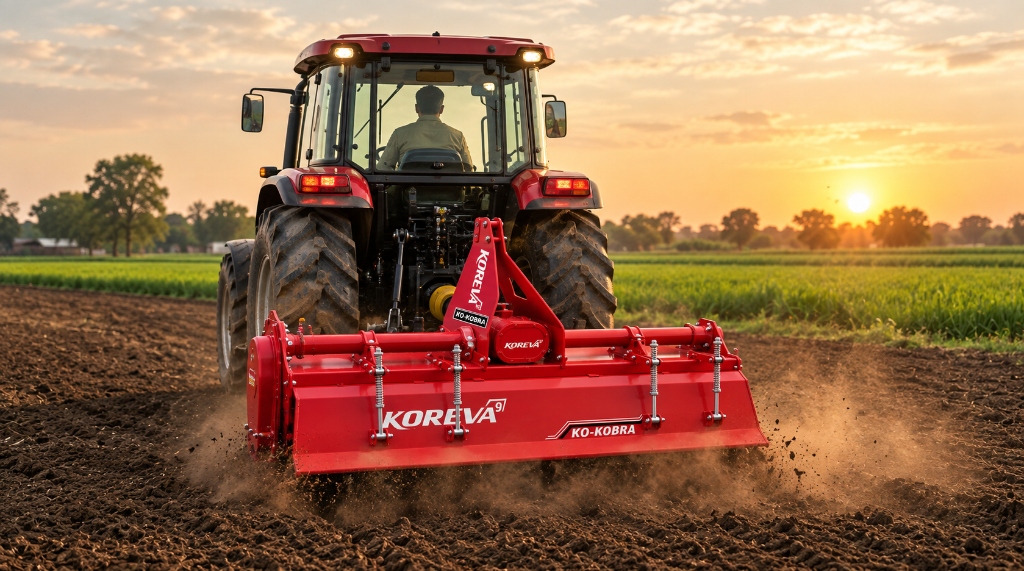 Heavy-Duty Red Koreva Tractor with Rotavator Attachment working in agricultural field